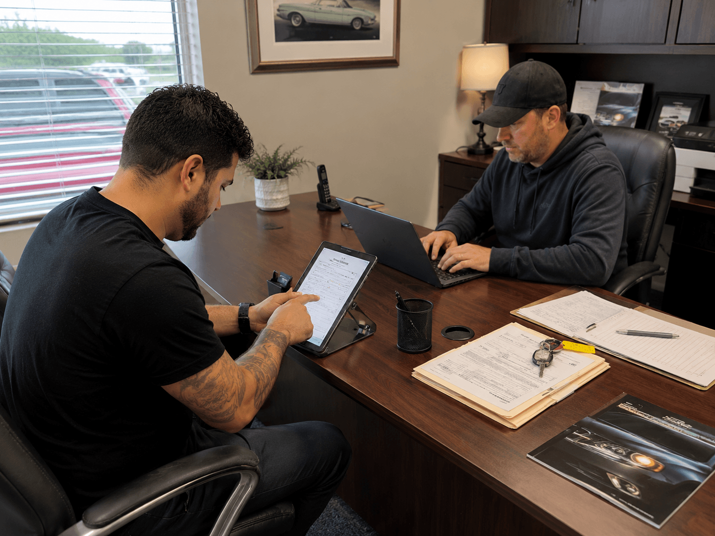 Customer reviewing and signing a deal on a tablet at a dealership desk